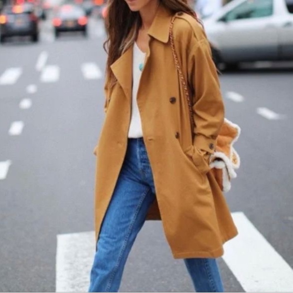 Sincerely Jules medium trench coat on a buttery scotch, dark beige color